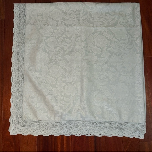 April Cornell  Aqua Brocade W Lace Farmhouse Cottage 56x56 In Tablecloth - Picture 2 of 5